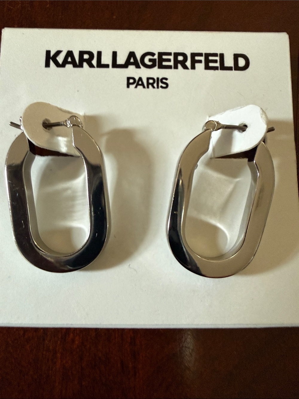 NWT Karl Lagerfeld Signature signed Silver-Tone Oval Hoop Earrings
